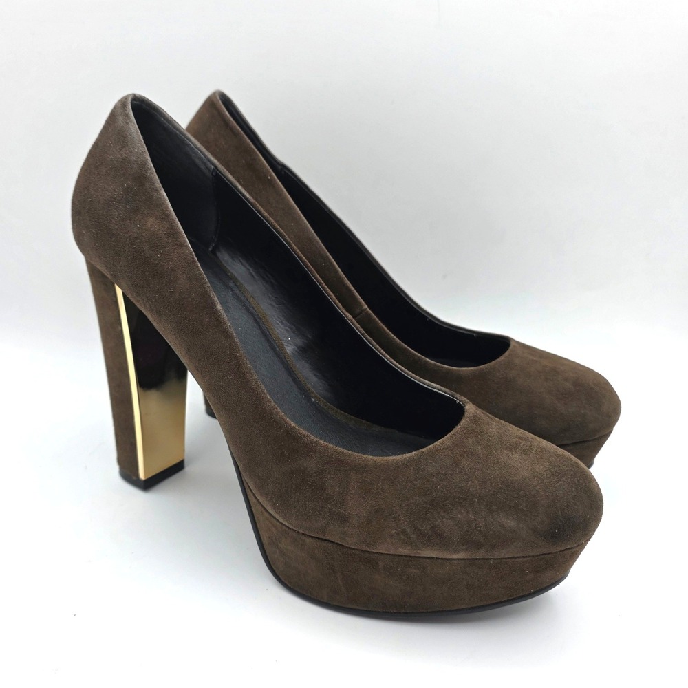 Design Lab Lovireng Forest Green Suede Platform Pumps Gold Block Heel Womens 11